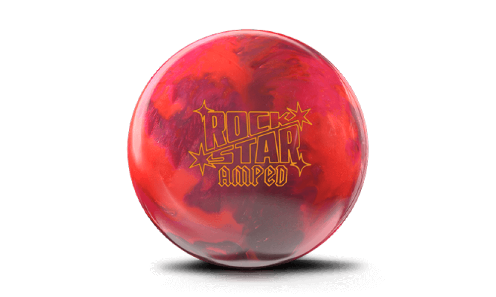 Roto Grip Rockstar Amped bowling ball featuring Rocker symmetrical core with A.I. Core Technology and NanoStar Pearl reactive coverstock, factory Power Edge polished finish, medium-high flare potential, clean front-lane motion with strong backend reaction, designed for medium to medium-heavy oil conditions with amplified continuation and striking pin action