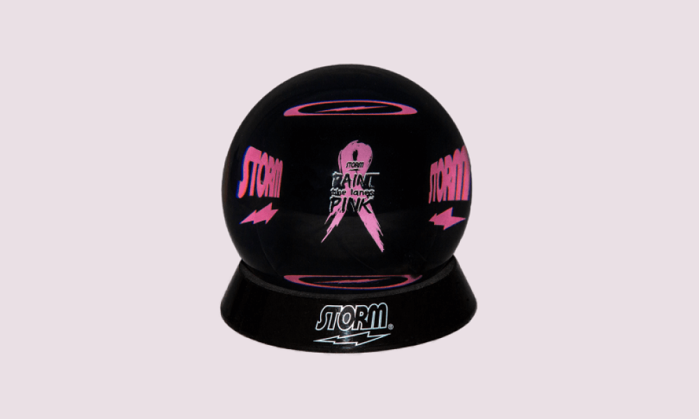 Paint the Lanes Pink Storm mini bowling ball with pink ribbon design for breast cancer awareness