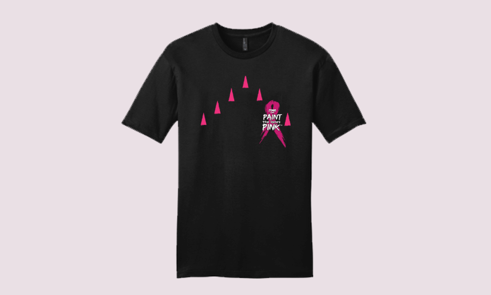 Paint the Lanes Pink 2025 men’s black t-shirt featuring pink ribbon and bowling lane arrow design for breast cancer awareness