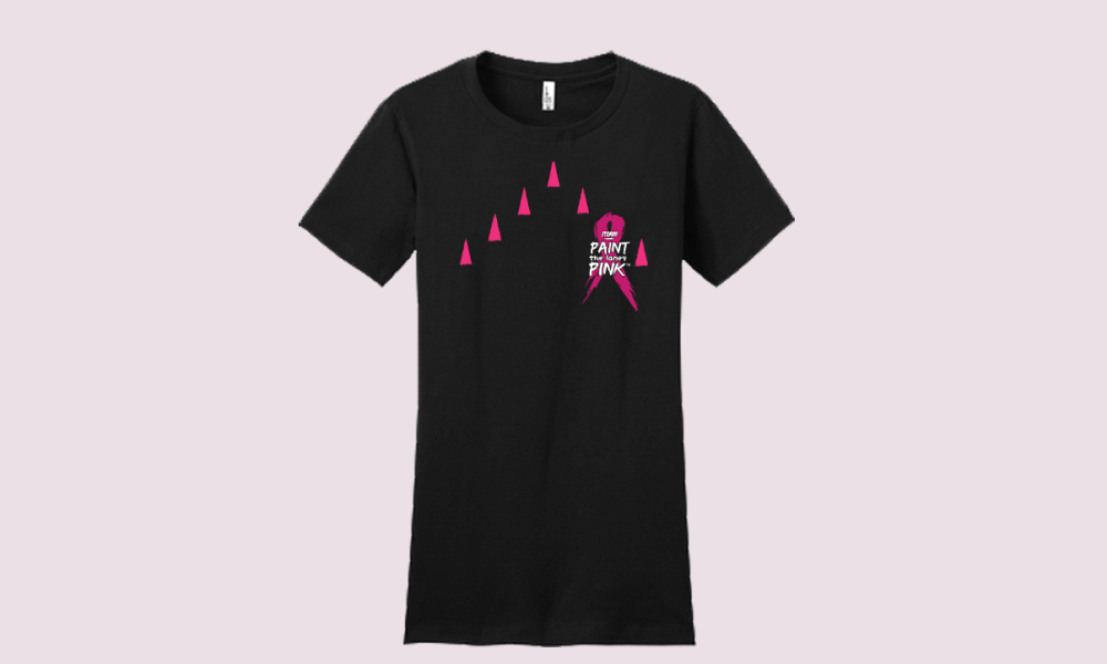 Paint the Lanes Pink 2025 women’s black t-shirt featuring pink ribbon and bowling lane arrow design for breast cancer awareness
