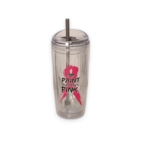 Paint the Lanes Pink 16oz clear tumbler with straw featuring pink ribbon logo for breast cancer awareness