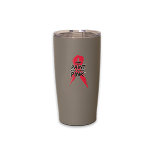 Paint the Lanes Pink 20oz insulated tumbler featuring pink ribbon logo for breast cancer awareness