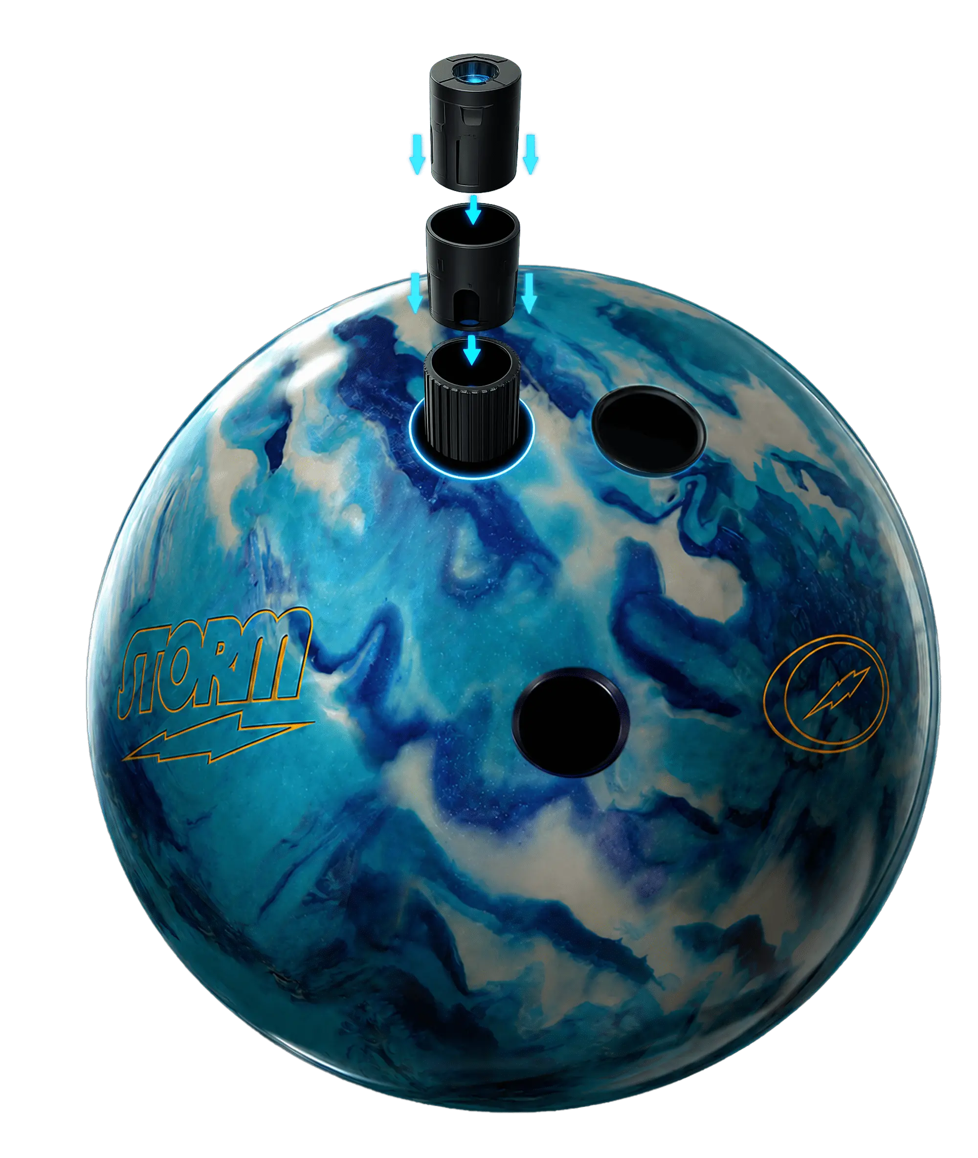 F5 sensor and installation sleeves shown above a Storm bowling ball